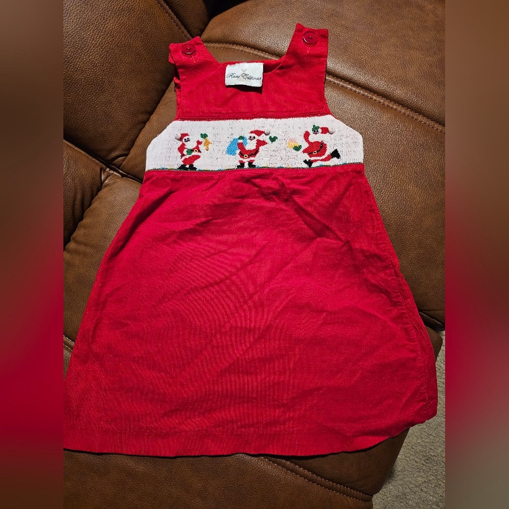 Hand Smocked Red‎ Christmas Santa Girls Sz 3t Sleeveless Cotton Aline Corduroy
